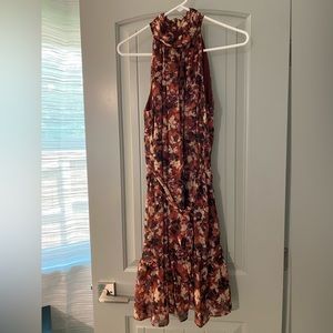 High Neck Maroon Floral Mini Dress with Tie